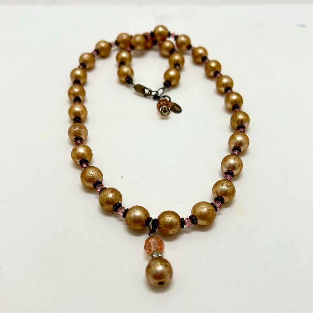 Josie, Vintage, Textured Gold Beads And Crystals Necklace